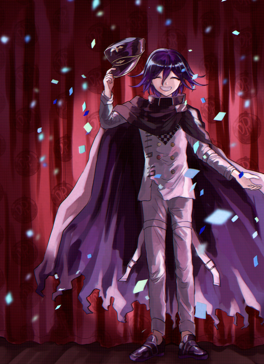 1boy black_cape black_footwear buttons cape chi_gaya closed_eyes confetti curtains danganronpa_(series) danganronpa_v3:_killing_harmony double-breasted facing_viewer full_body grey_jacket grey_pants grin hair_between_eyes highres jacket oma_kokichi pants pink_cape purple_hair shoes smile solo standing teeth torn_cape torn_clothes