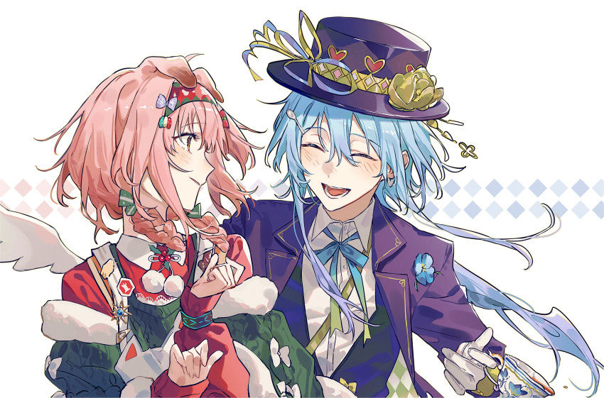 1boy 1girl absurdres animal_ears arknights blue_hair blue_ribbon boater_hat braid braided_hair_rings capelet cat_ears creator_connection cup dress fake_wings floppy_ears gloves goldenglow_(arknights) green_capelet hair_rings highres holding holding_cup jacket long_hair low_ponytail lyas mizuki_(arknights) neck_ribbon pink_hair pom_pom_(clothes) purple_headwear purple_jacket red_dress ribbon simple_background tea teacup upper_body very_long_hair white_background white_gloves white_wings wing_collar wings