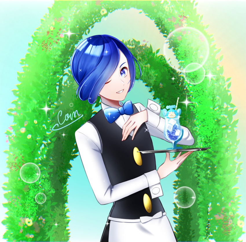 1boy black_vest blue_bow blue_bowtie blue_eyes blue_hair blurry bokeh bow bowtie buttons character_name character_signature commentary_request cress_(pokemon) depth_of_field glass hair_over_one_eye hand_up highres holding holding_tray kamicho_musharu long_sleeves looking_at_viewer male_focus one_eye_closed pokemon pokemon_(game) pokemon_bw shirt short_hair smile solo sparkle tray vest waiter white_shirt