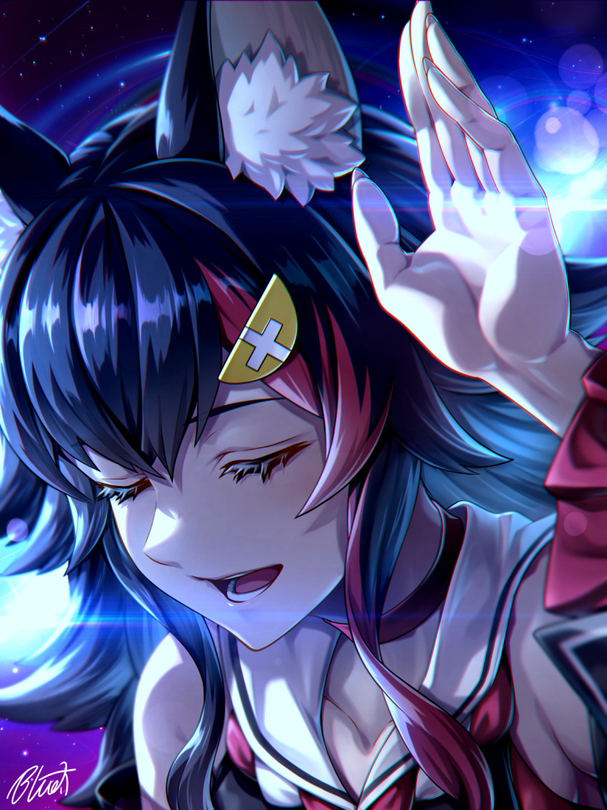 1girl animal_ear_fluff animal_ears black_hair buru-dai choker closed_eyes commentary_request eyelashes fingernails highres hololive lens_flare long_fingernails multicolored_hair ookami_mio open_mouth portrait red_choker redhead sailor_collar signature smile solo space streaked_hair two-tone_hair virtual_youtuber white_sailor_collar wolf_ears wolf_girl