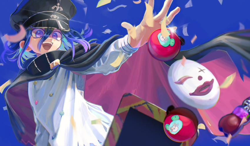 1boy :d black_cape black_headwear blue_background bottle buttons cape confetti danganronpa_(series) danganronpa_v3:_killing_harmony double-breasted explosive foca_(sello20582612) grenade hair_between_eyes highres jacket long_sleeves mask oma_kokichi pink_cape shiny_clothes smile solo teeth two-sided_cape two-sided_fabric two-tone_cape upper_teeth_only violet_eyes white_jacket