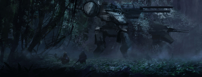 2others cannon commentary forest gun haru_akira highres holding holding_gun holding_weapon machinery mecha metal_gear_(series) metal_gear_rex metal_gear_solid military military_vehicle multiple_others nature night non-humanoid_robot original outdoors plant robot scenery standing tree walker weapon