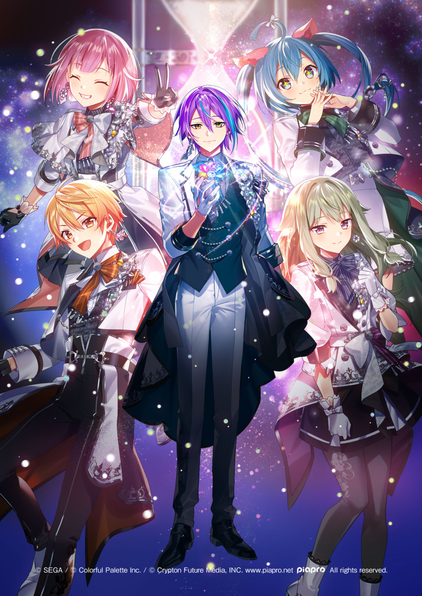+_+ 2boys 3girls album_cover aqua_hair aqua_nails black_gloves blunt_bangs bob_cut bow bowtie buttons closed_eyes closed_mouth commentary copyright cover earrings foot_out_of_frame full_body gloves green_hair grin hair_between_eyes hatsune_miku highres hourglass jewelry kamishiro_rui kusanagi_nene lapels long_hair long_sleeves low_tied_sidelocks multicolored_hair multiple_boys multiple_girls murakami_yuichi nail_polish notched_lapels official_alternate_costume official_art ootori_emu open_mouth orange_eyes orange_hair pink_hair project_sekai purple_hair short_hair single_earring sleeves_past_elbows smile streaked_hair teeth tenma_tsukasa twintails two-tone_hair v violet_eyes vocaloid white_gloves wonderlands_x_showtime_(project_sekai) wonderlands_x_showtime_miku yellow_eyes