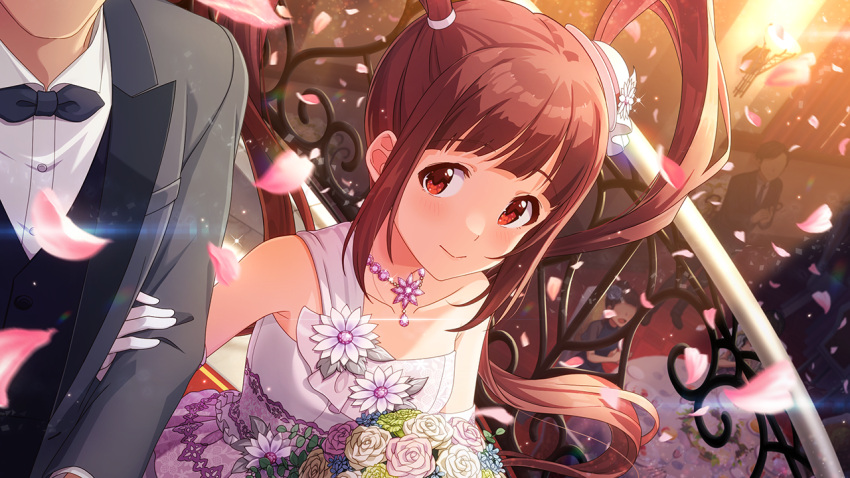 1boy 1girl blush bouquet church dress holding holding_another's_arm holding_bouquet idolmaster idolmaster_million_live! idolmaster_million_live!_theater_days jewelry matsuda_arisa official_art petals red_eyes redhead smile tuxedo twintails wedding_dress