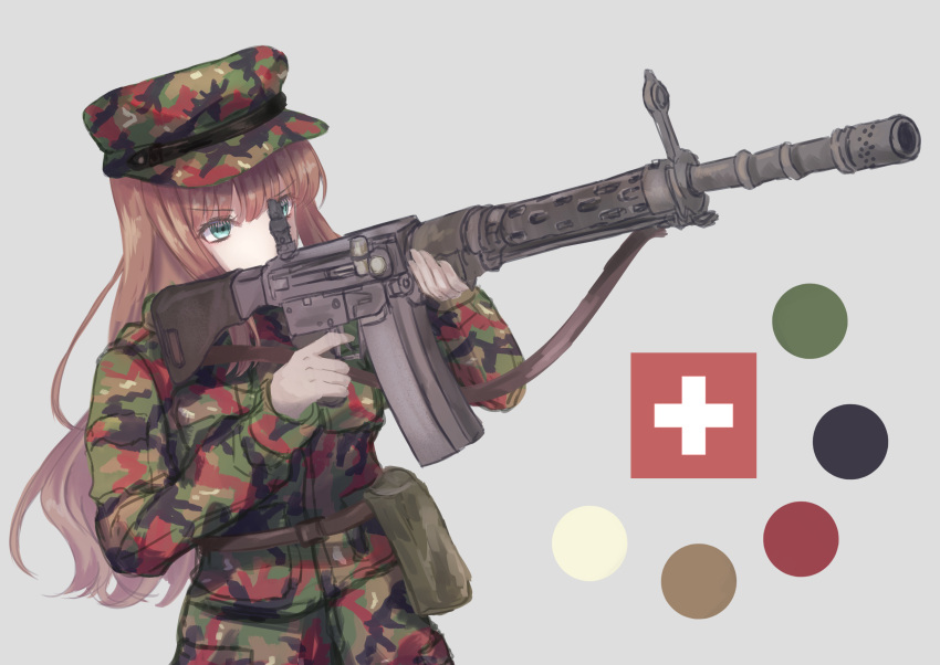 1girl absurdres aiming alter alternate_costume aqua_eyes barrel_shroud battle_rifle belt belt_pouch bipod blunt_bangs brown_hair camouflage camouflage_headwear camouflage_jacket camouflage_pants circle color_guide commentary commission cowboy_shot cross english_commentary fatigues finger_on_trigger flip-up_sight girls_frontline gloves greek_cross green_belt green_jacket green_pants grey_background grey_gloves gun hat highres holding holding_gun holding_weapon jacket long_hair long_sleeves looking_ahead martinreaction military_hat military_jacket military_uniform multicolored_clothes multicolored_headwear multicolored_jacket multicolored_pants pants patrol_cap pocket pouch rifle sig-510_(girls'_frontline) sig_510 simple_background sling soldier solo swiss_flag switzerland uniform utility_belt wavy_hair weapon woodland_camouflage
