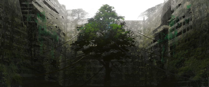 building cityscape commentary day haru_akira moss nature no_humans original outdoors plant ruins scenery tree vines