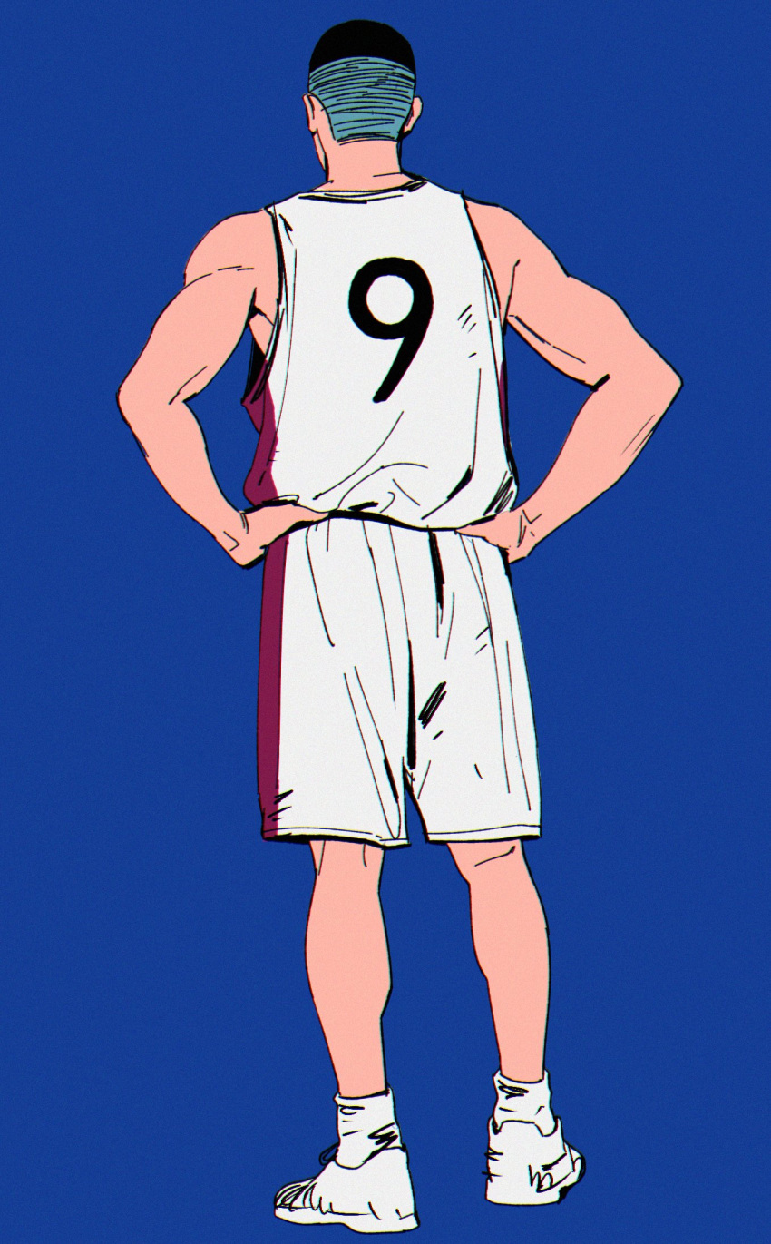 1boy basketball basketball_jersey basketball_uniform black_hair blue_background commentary_request cornchi facing_away from_behind full_body hands_on_own_hips highres korean_commentary male_focus sawakita_eiji shoes shorts simple_background slam_dunk_(series) solo sportswear standing white_footwear white_shorts
