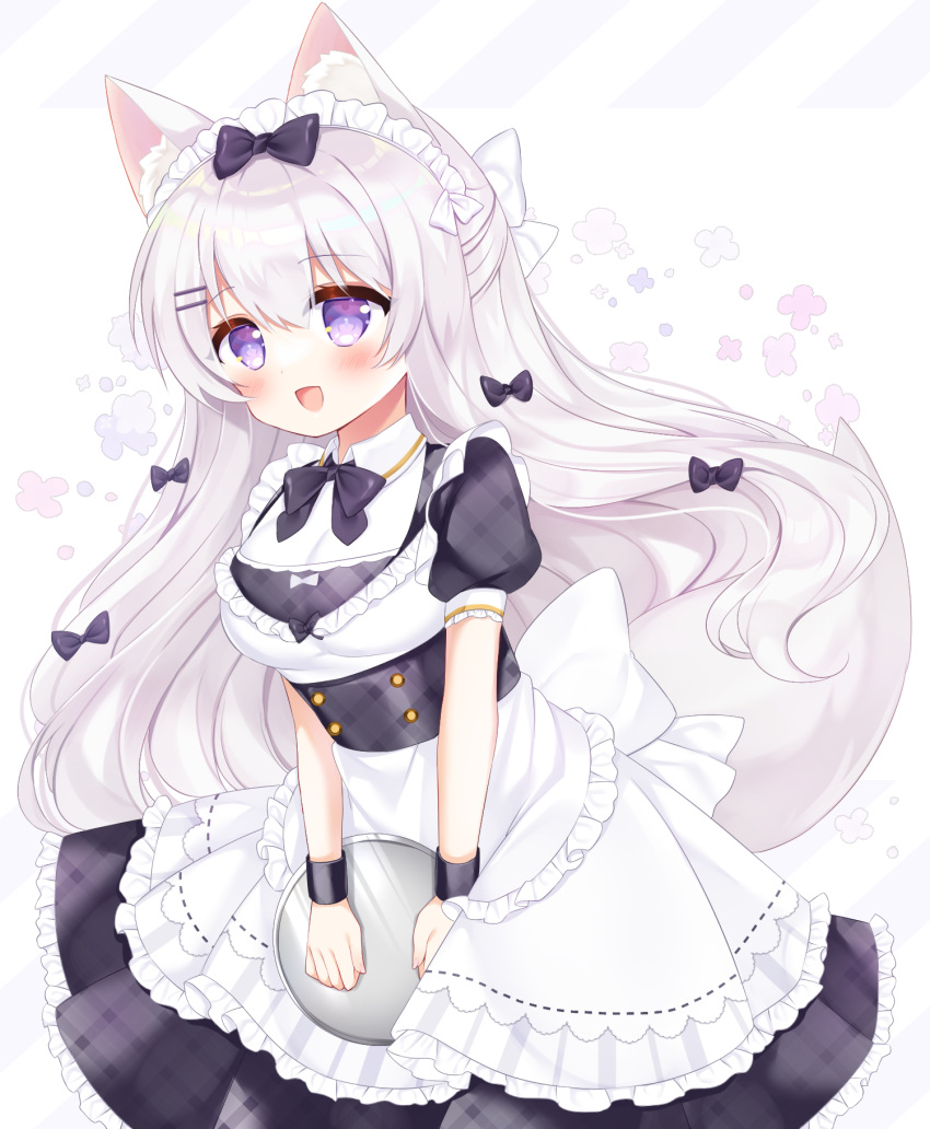 1girl :d animal_ear_fluff animal_ears apron black_bow bow commentary_request dress floral_background fox_ears fox_girl fox_tail frilled_apron frilled_dress frills grey_hair hair_between_eyes hair_bow hair_ornament hairclip highres long_hair looking_at_viewer maid maid_headdress original plaid plaid_dress pleated_dress shikito simple_background smile solo tail tray very_long_hair violet_eyes white_apron white_background wrist_cuffs