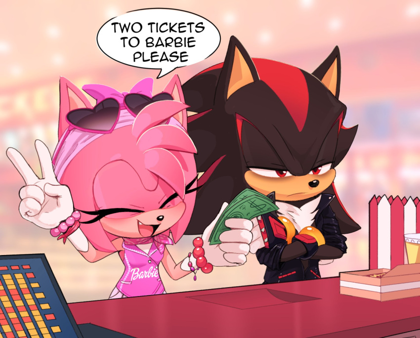 1boy 1girl alternate_costume amy_rose barbie_(franchise) barbie_(live_action) blurry blurry_background bracelet closed_eyes copyright_name crossed_arms depth_of_field english_text eyewear_on_head gloves heart heart-shaped_eyewear highres holding holding_money indoors jewelry money open_mouth pink_shirt shadow_the_hedgehog shirt sonic_(series) speech_bubble toonsite v white_gloves