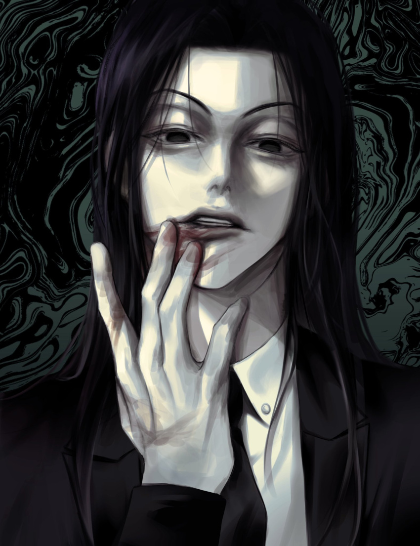 1boy black_eyes black_hair black_necktie black_suit blood blood_on_face blood_on_hands expressionless formal highres hunter_x_hunter illumi_zoldyck imar_gg long_hair long_sleeves looking_at_viewer necktie shirt suit upper_body white_shirt