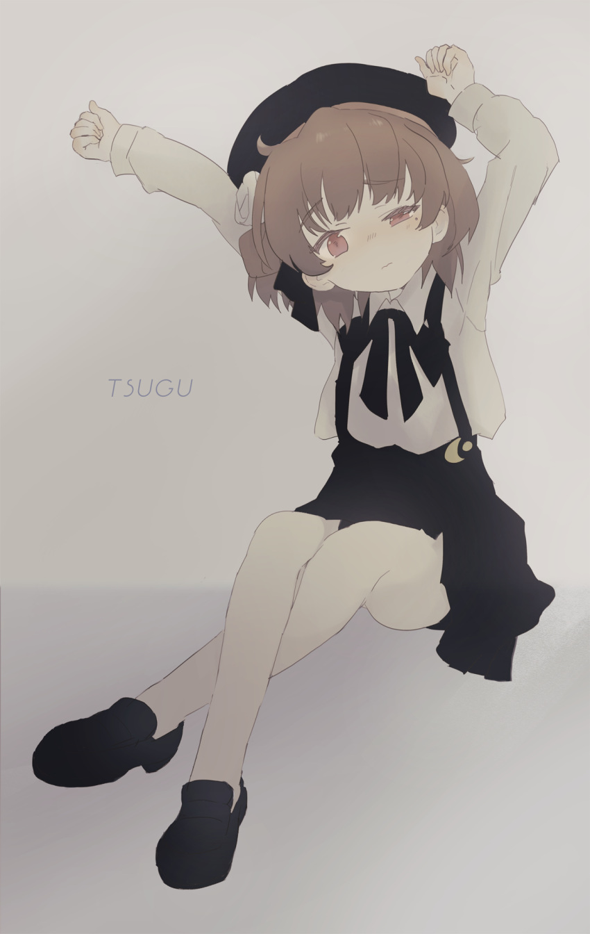 :/ :3 ahoge arms_up beret black_footwear black_headwear black_ribbon black_skirt blush brown_hair closed_mouth collared_shirt crescent crossed_legs feet_out_of_frame flower grey_background hair_flower hair_ornament half-closed_eye hat hatoba_tsugu highres loafers long_sleeves looking_back medium_hair neck_ribbon nose_blush pantyhose raised_eyebrow raised_eyebrows ribbon sha2mo shirt shirt_tucked_in shoes single_hair_ring sitting skirt stretching suspender_skirt suspenders tsugu_(vtuber) two-tone_background virtual_youtuber white_pantyhose