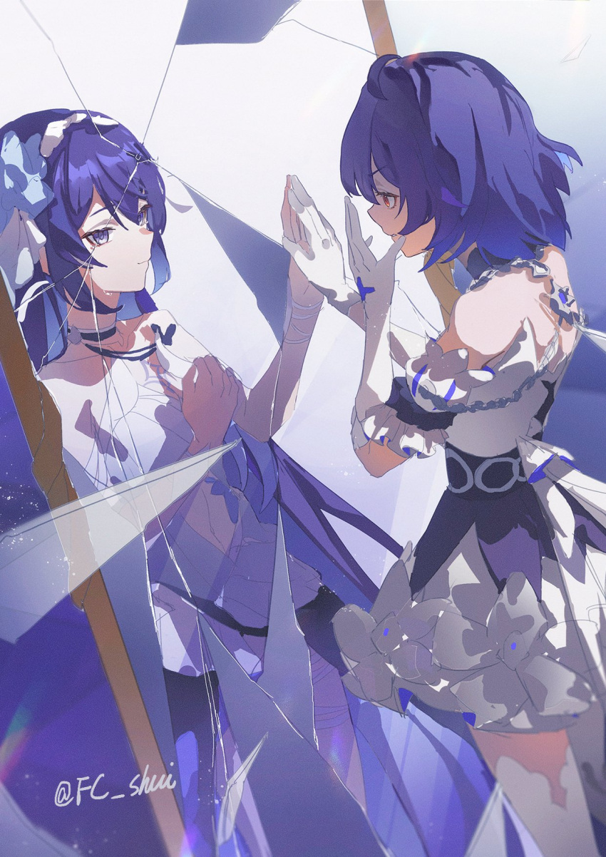 ahoge bare_shoulders black_choker blue_eyes blue_hair choker clenched_hand collarbone dress elbow_gloves english_commentary gloves hetare_mizu highres honkai_(series) honkai_impact_3rd light_smile long_hair looking_at_another looking_at_mirror mirror red_eyes seele_(alter_ego) seele_vollerei seele_vollerei_(herrscher_of_rebirth) seele_vollerei_(stygian_nymph) short_hair thigh-highs twitter_username v-shaped_eyebrows white_dress white_headwear white_thighhighs