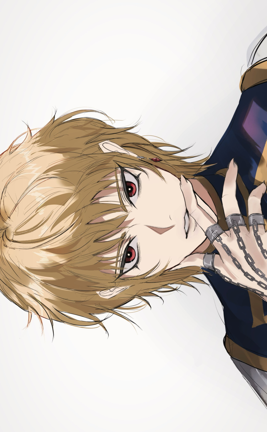 1other absurdres androgynous blonde_hair chain crystal_earrings earrings highres hunter_x_hunter jewelry kurapika looking_at_viewer male_focus red_eyes ring short_hair simple_background solo spi_11011 tabard thumb_ring upper_body white_background