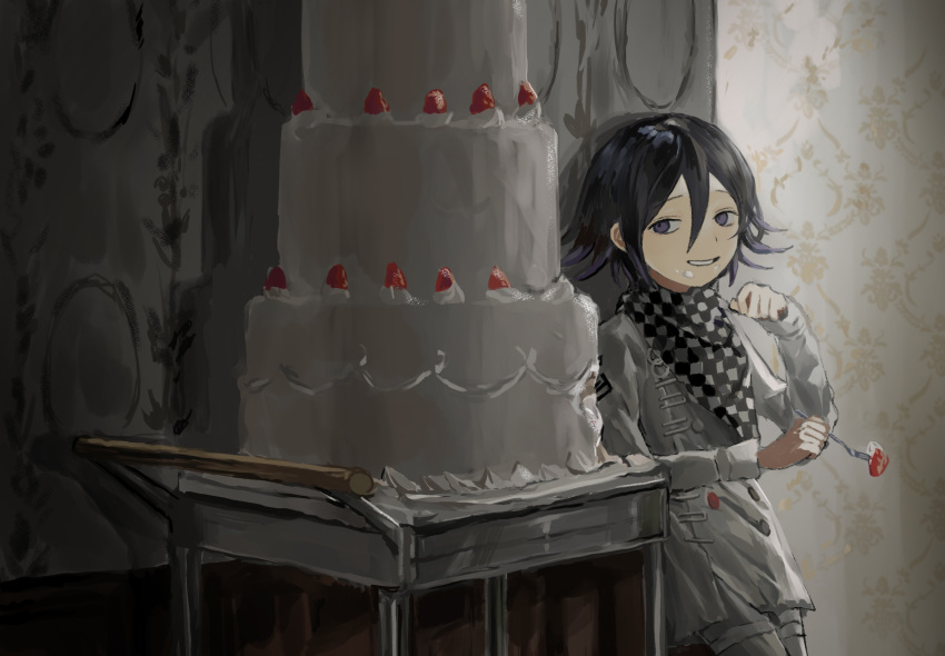 1boy black_hair buttons cake checkered_clothes checkered_scarf danganronpa_(series) danganronpa_v3:_killing_harmony double-breasted flipped_hair food food_on_face fork fruit grey_jacket grey_pants grin hair_between_eyes highres holding holding_fork indoors jacket oma_kokichi pants purple_hair sa_(pixiv_89232413) scarf smile solo standing strawberry teeth violet_eyes