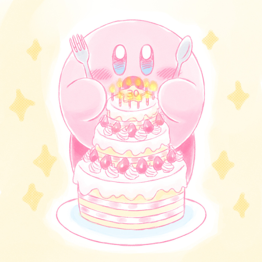 anniversary blue_eyes cake candle food fork fruit highres holding holding_fork holding_spoon icing kirby kirby_(series) no_humans open_mouth plate siho1209 solo sparkle spoon strawberry white_background