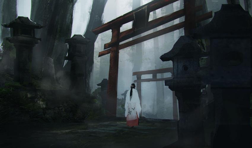 1other architecture black_hair commentary dark east_asian_architecture forest from_behind hakama haru_akira highres japanese_clothes long_hair miko moss multiple_torii nature original red_hakama scenery shrine solo standing stone_lantern torii tree