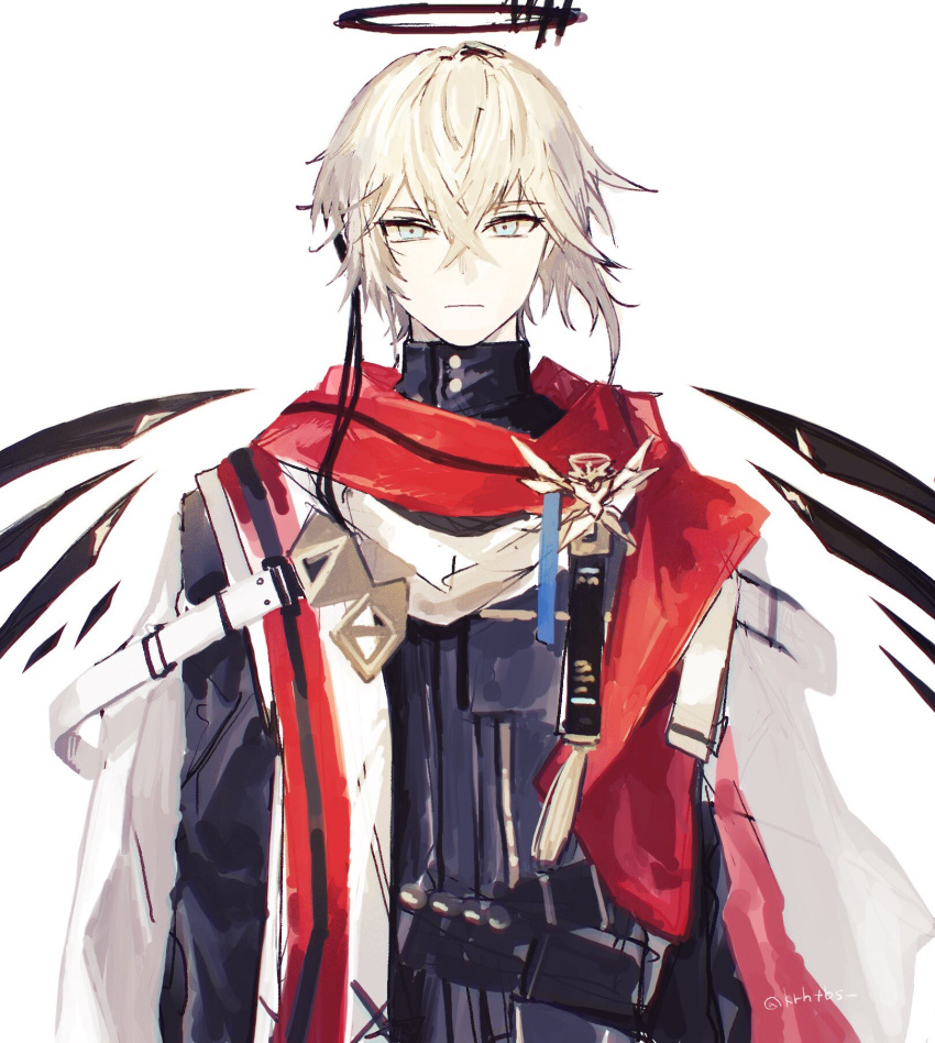 1boy arknights badge belt black_shirt black_wings blue_eyes closed_mouth detached_wings executor_(arknights) executor_the_ex_foedere_(arknights) expressionless halo highres jacket looking_at_viewer male_focus red_scarf scarf shirt simple_background solo strap taruo tassel white_background white_hair white_jacket wings