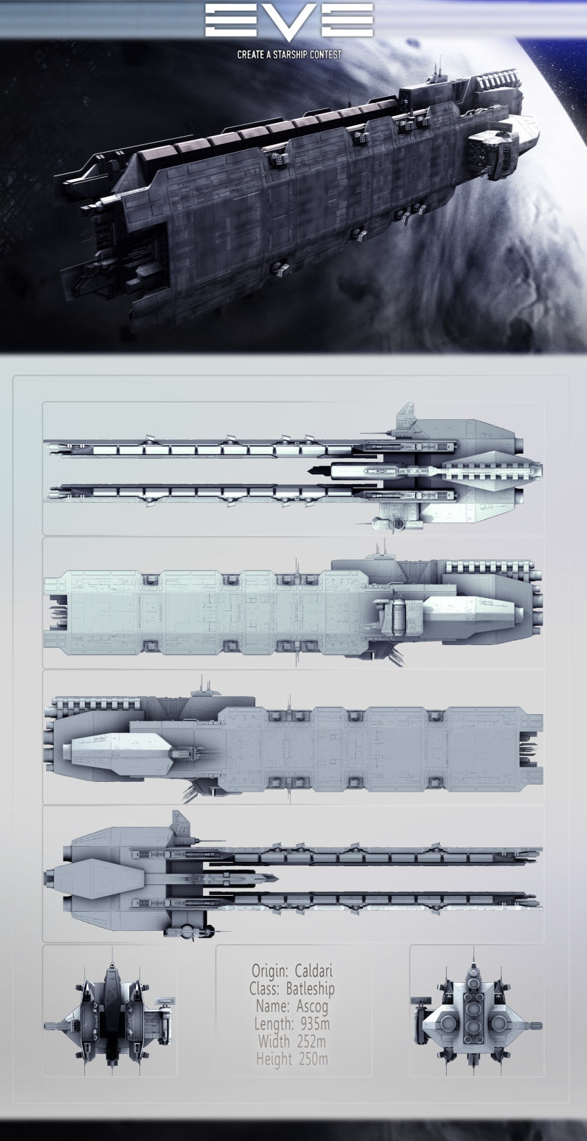 3d absurdres alternate_size battlecruiser_(eve_online) caldari_state_(eve_online) clouds commentary concept_art dlamont eve_online from_side glowing grey_theme highres logo military_vehicle missile_pod multiple_views no_humans original outdoors radio_antenna realistic reference_sheet science_fiction sky spacecraft star_(sky) starry_sky thrusters turret