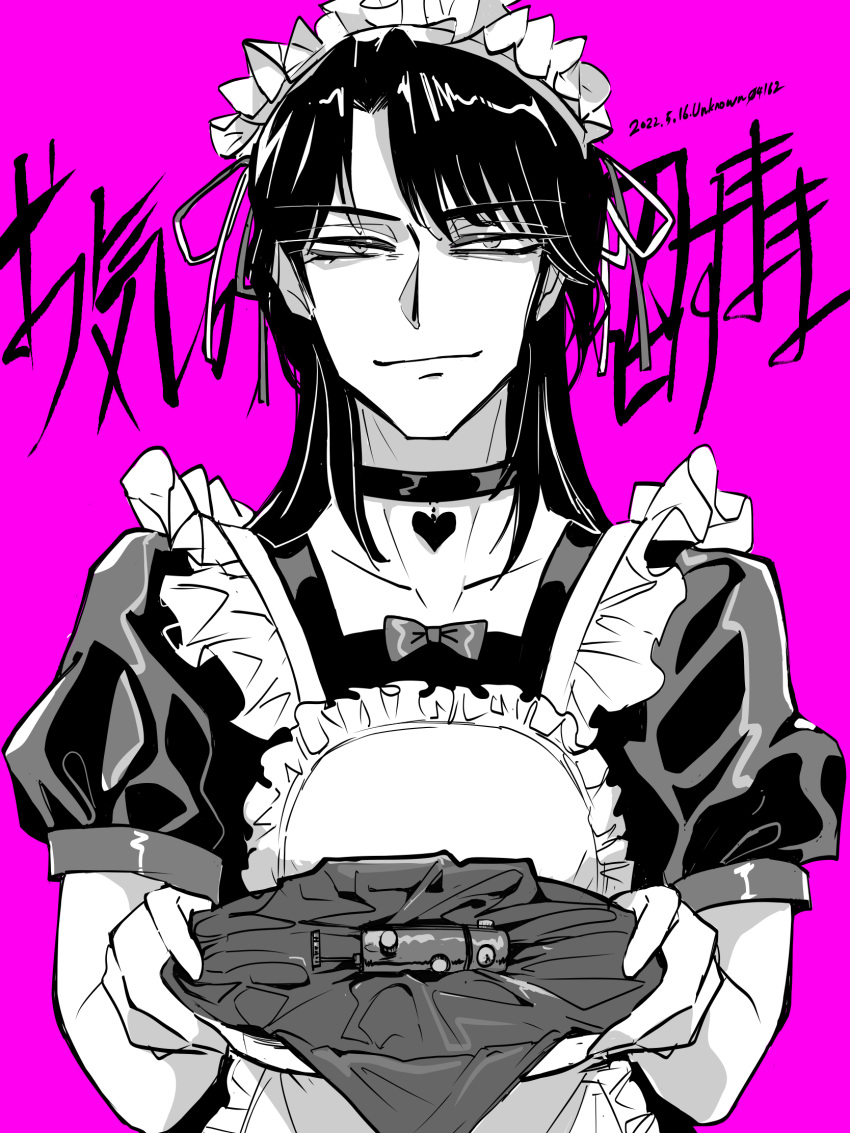1boy alternate_costume apron artist_name bags_under_eyes bow bowtie choker closed_mouth commentary_request crossdressing dated dress enmaided fingernail_torture_device greyscale_with_colored_background heart heart_choker highres holding holding_tray ichijou_seiya kaiji long_hair looking_at_viewer maid maid_apron maid_headdress male_focus male_maid medium_bangs pink_background puffy_short_sleeves puffy_sleeves short_sleeves smile solo tray unknown03162 upper_body