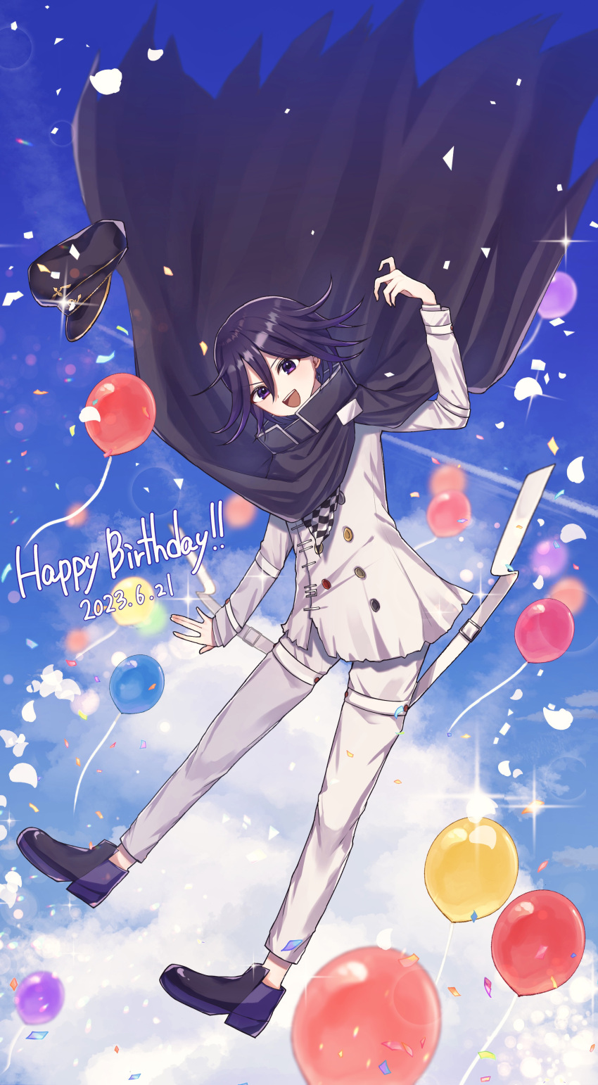 1boy absurdres arm_up balloon black_footwear black_hair black_headwear blue_background buttons cape clouds danganronpa_(series) danganronpa_v3:_killing_harmony dated double-breasted happy_birthday hat hat_removed headwear_removed highres iwazumo_gana jacket long_sleeves male_focus medium_hair oma_kokichi pants purple_footwear purple_hair shoes solo sparkle torn_cape torn_clothes white_jacket white_pants