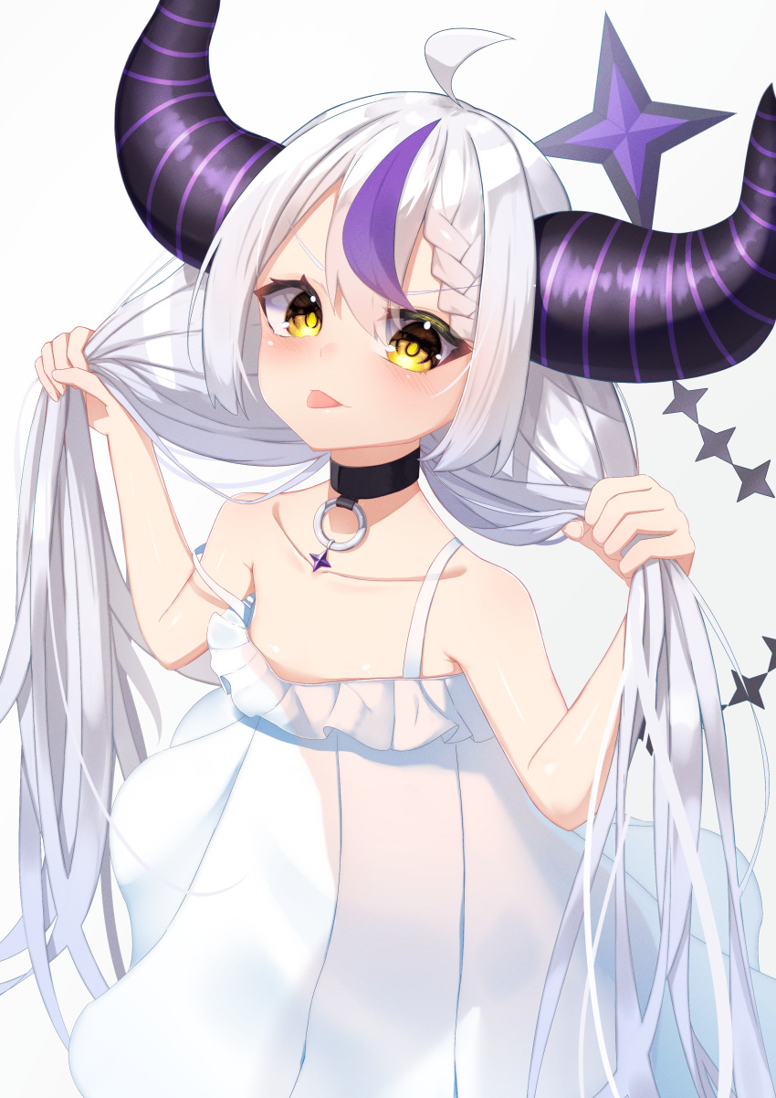 1girl absurdres ahoge bare_shoulders blush braid breasts choker demon_girl demon_horns demon_tail highres hololive horns kamaboko_(kmm15a) la+_darknesss long_hair looking_at_viewer multicolored_hair nightgown purple_hair small_breasts solo streaked_hair striped_horns tail tongue tongue_out very_long_hair virtual_youtuber white_background white_hair yellow_eyes