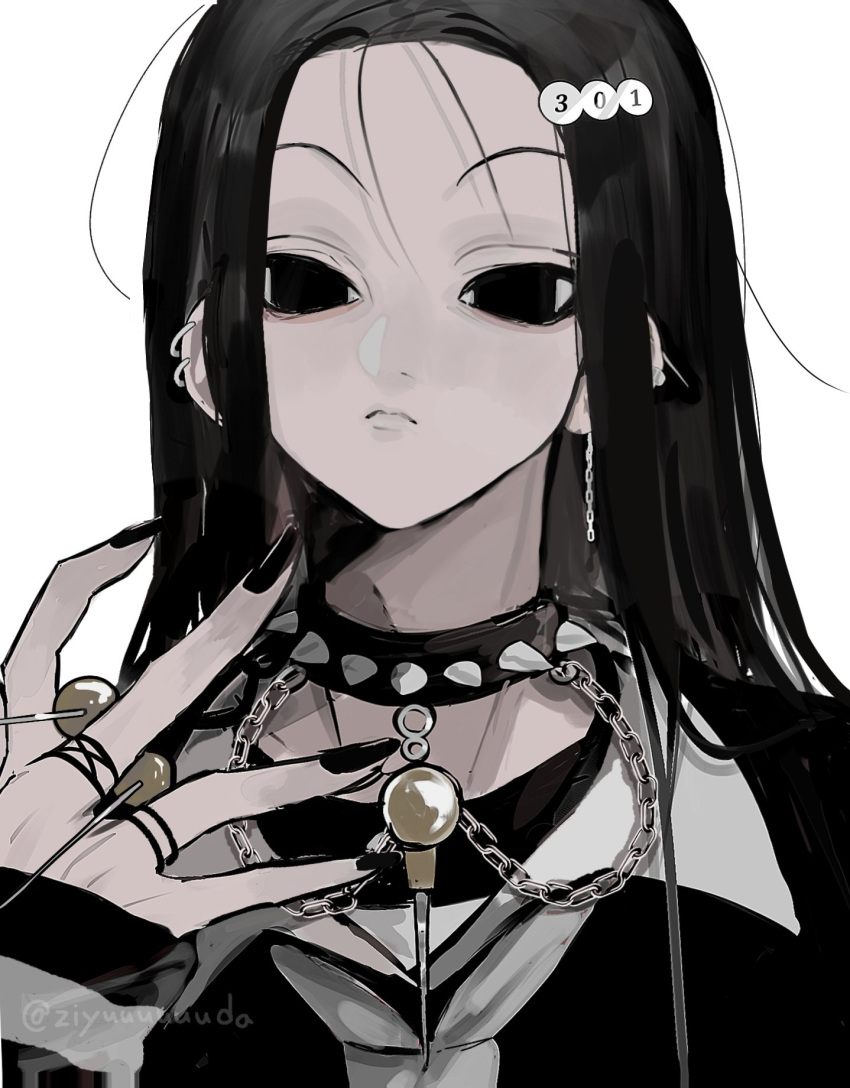 &lt;o&gt;_&lt;o&gt; 1boy black_eyes black_hair black_nails collar dog_girl expressionless fingernails hair_ornament highres holding holding_needle hunter_x_hunter illumi_zoldyck jewelry long_fingernails long_hair long_sleeves looking_at_viewer male_focus nail_polish needle pin simple_background solo spiked_collar spikes upper_body white_background ziyuuuuuuda