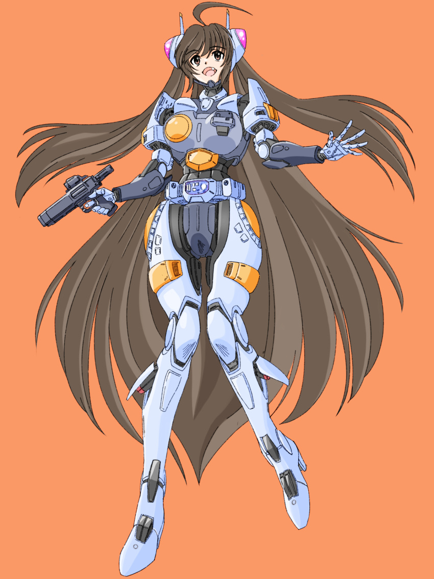 1girl ahoge brown_eyes brown_hair commentary_request commission cyborg fang full_body gun handgun highres holding holding_gun holding_weapon joints koube_masahiko long_hair open_mouth orange_background original pixiv_commission robot_joints science_fiction solo two_side_up very_long_hair weapon