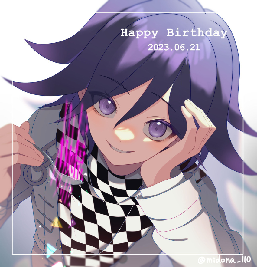 1boy annyu artist_name checkered_clothes checkered_scarf danganronpa_(series) danganronpa_v3:_killing_harmony dated flipped_hair grey_jacket hair_between_eyes happy_birthday highres holding holding_spoon jacket long_sleeves looking_at_viewer male_focus oma_kokichi open_mouth scarf shadow short_hair smile solo spoon violet_eyes white_background