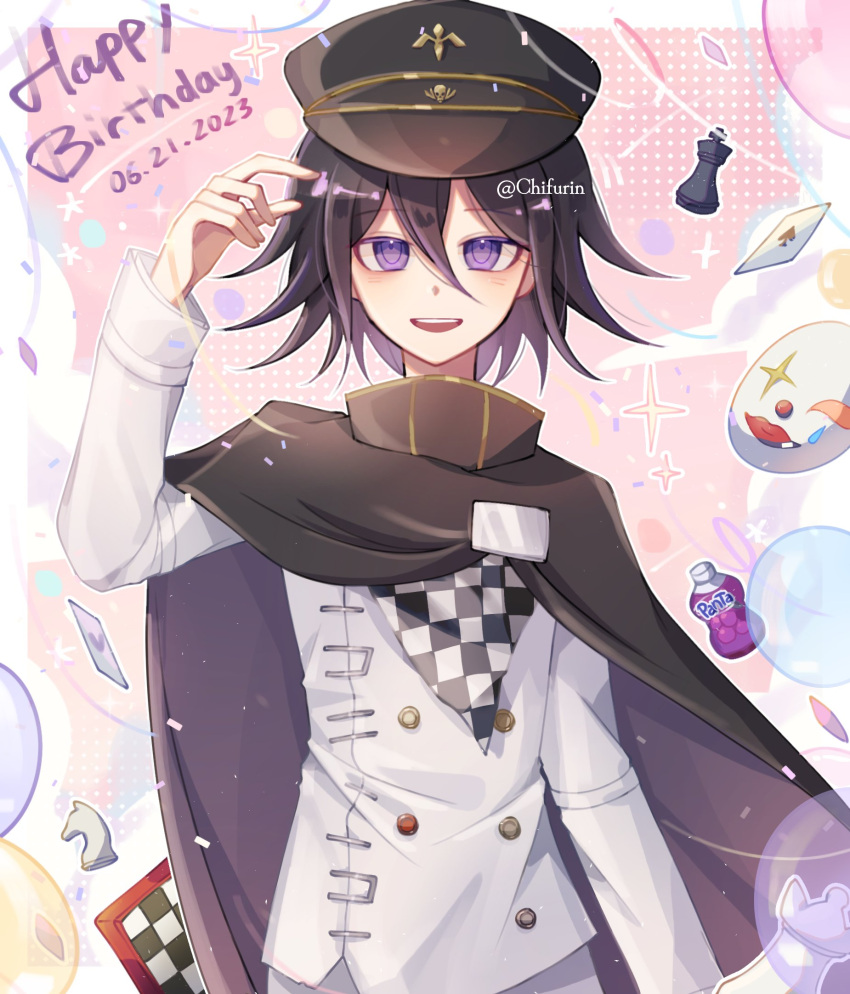 1boy :d artist_name black_hair blush bottle brown_cape brown_headwear buttons cape card checkered_clothes checkered_scarf chess_piece chifurin danganronpa_(series) danganronpa_v3:_killing_harmony dated double-breasted grey_jacket hand_up happy_birthday highres jacket long_sleeves male_focus mask oma_kokichi pink_eyes playing_card scarf short_hair smile solo teeth upper_teeth_only
