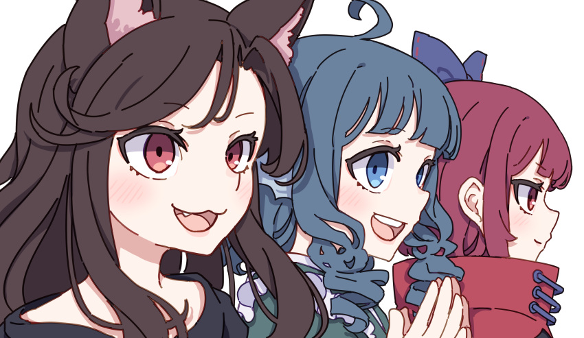 3girls absurdres ahoge animal_ear_fluff animal_ears blue_bow blue_eyes blue_hair blush bow brown_hair cape closed_mouth commentary drill_hair fang grass_root_youkai_network green_kimono hair_bow highres imaizumi_kagerou japanese_clothes kame_(kamepan44231) kimono long_hair multiple_girls open_mouth red_cape red_eyes redhead sekibanki short_hair simple_background smile touhou wakasagihime white_background wolf_ears