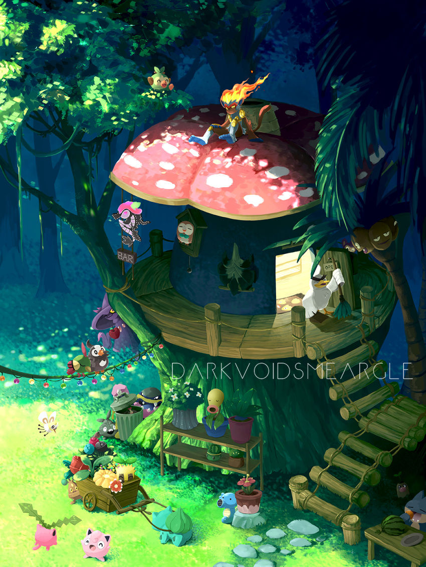 alolan_muk artist_name bellsprout bird bonsly broom bulbasaur character_print commentary cutiefly darkvoiddoble day diglett door fence fire food fruit grass grookey highres holding holding_broom hoppip horsea infernape jigglypuff mismagius natu outdoors plant pokemon pokemon_(creature) potted_plant rowlet sign sirfetch'd sitting stairs standing starly sunkern tree treehouse trubbish watermelon welcome_mat