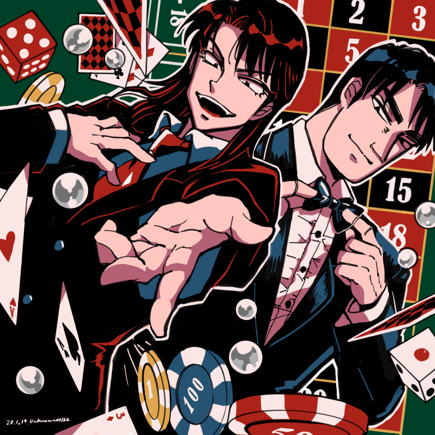 2boys ace_of_hearts ace_of_spades adjusting_bowtie artist_name black_bow black_bowtie black_eyes black_hair black_jacket bow bowtie buttons card closed_mouth collared_shirt commentary dated dice dutch_angle earrings formal heart highres ichijou_seiya jacket jewelry kaiji long_hair looking_at_viewer male_focus medium_bangs multiple_boys murakami_tamotsu necktie open_mouth pachinko_ball playing_card poker_chip reaching reaching_towards_viewer red_necktie redhead roulette_table shirt short_hair smile spade_(shape) suit table unknown03162 upper_body white_shirt
