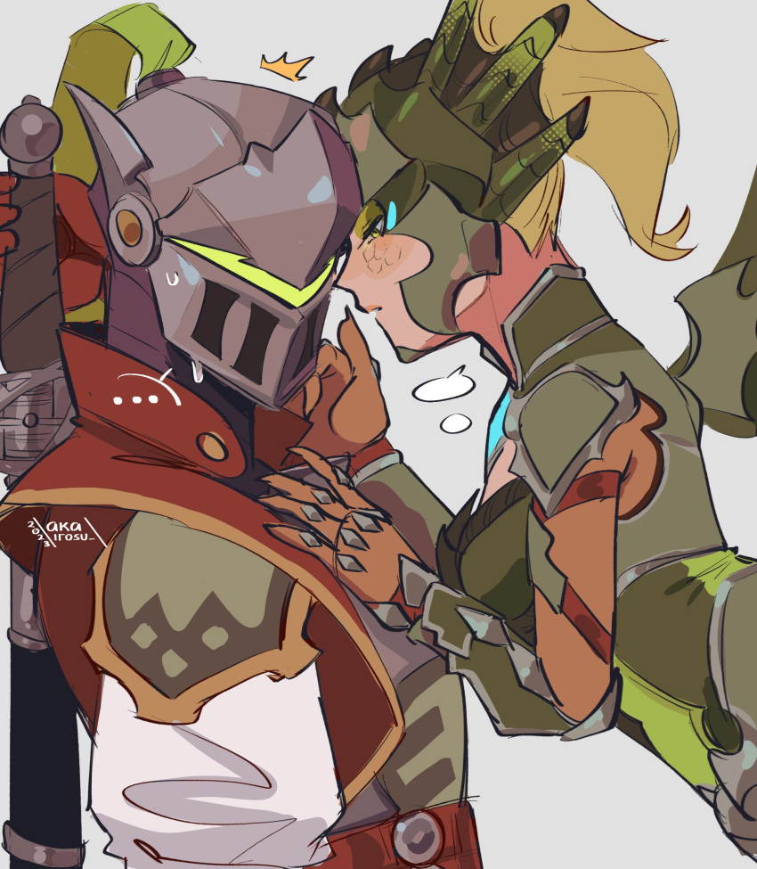 ... 1boy 1girl absurdres akairosu armor blonde_hair breasts chinese_clothes dragoon_mercy english_commentary flirting genji_(overwatch) green_eyes hand_on_another's_chest hand_on_another's_chin helmet hetero high_ponytail highres knight looking_back medium_breasts mercy_(overwatch) official_alternate_costume overwatch overwatch_1 overwatch_2 scales sheath sheathed simple_background sweatdrop sword upper_body weapon