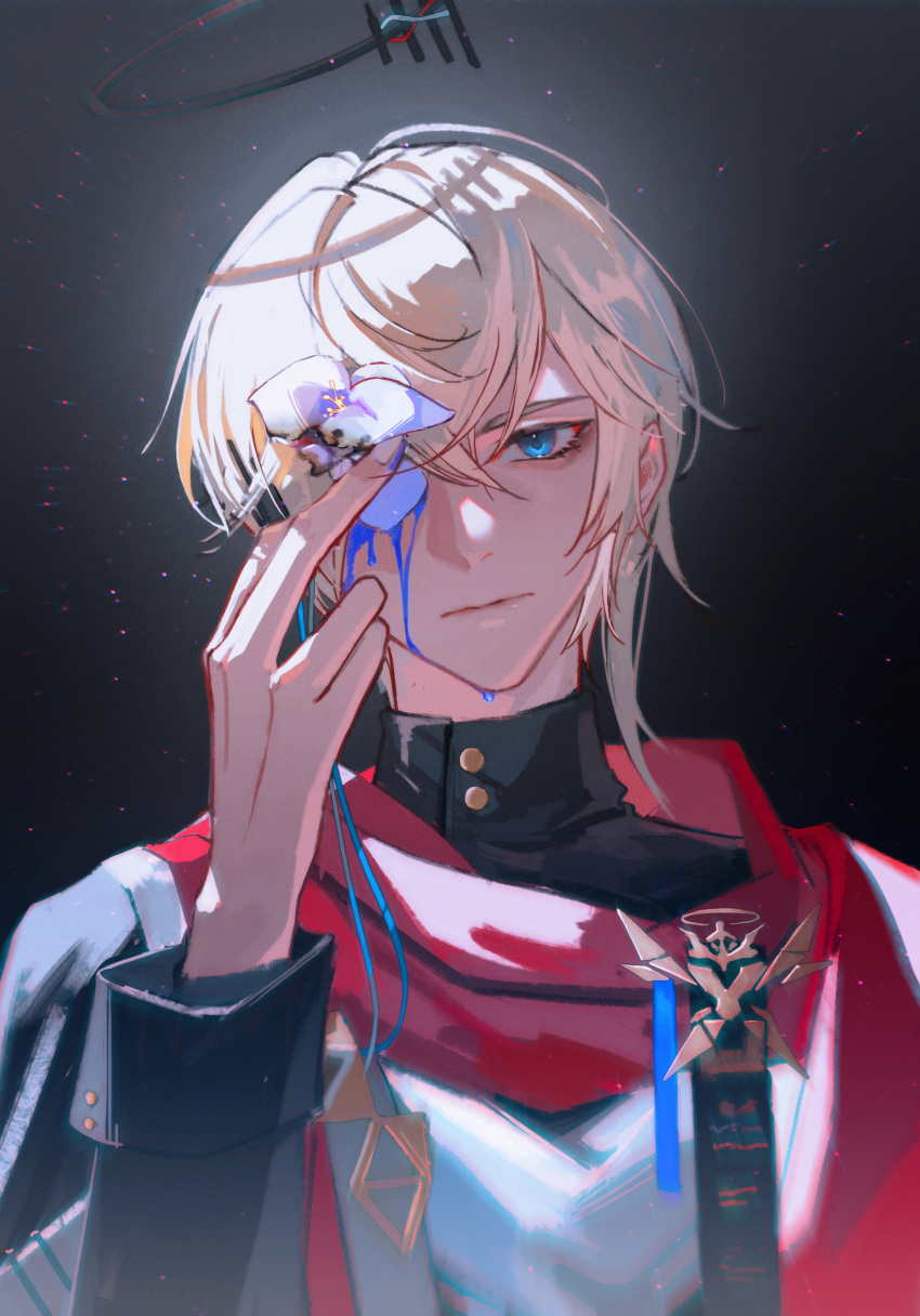 1boy absurdres arknights black_shirt blue_eyes blue_flower closed_mouth commentary_request executor_(arknights) executor_the_ex_foedere_(arknights) eyebrows_hidden_by_hair flower flower_over_eye grey_hair hair_between_eyes halo hand_up head_tilt highres long_sleeves looking_at_viewer male_focus shirt solo thewintermarket upper_body