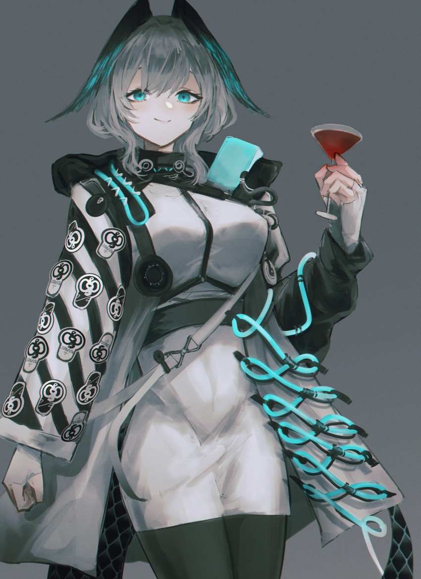 1girl aiv aqua_eyes arknights black_pantyhose breasts coat cup dress drinking_glass feathered_wings fingerless_gloves gloves grey_background grey_hair hair_between_eyes head_wings highres ho'olheyak_(arknights) infection_monitor_(arknights) large_breasts long_coat long_sleeves looking_at_viewer open_clothes open_coat pantyhose short_hair sidelocks simple_background smile snake_tail solo tail white_dress white_gloves wine_glass wings