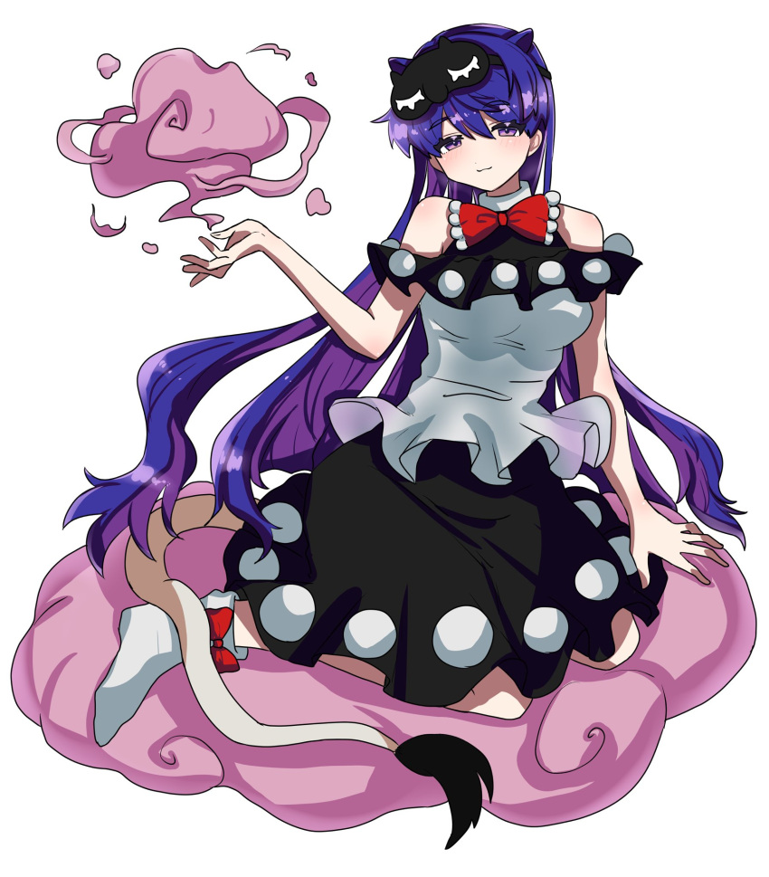 1girl bare_shoulders black_skirt blue_hair bow bowtie closed_mouth commentary_request doremy_sweet footwear_bow full_body hair_horns highres long_hair looking_at_viewer mask mask_on_head oyatu_yatu pom_pom_(clothes) red_bow red_bowtie shirt simple_background sitting skirt sleep_mask smile socks solo tail tapir_tail touhou violet_eyes white_background white_shirt white_socks