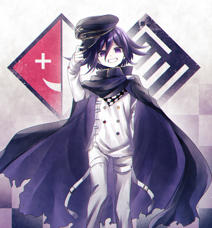 1boy absurdres black_cape black_headwear buttons cape checkered_clothes checkered_scarf danganronpa_(series) danganronpa_v3:_killing_harmony double-breasted feet_out_of_frame flipped_hair grin hair_between_eyes hand_up hat highres holding holding_clothes holding_hat jacket kokonoe_mituru multicolored_background oma_kokichi pants purple_cape purple_hair scarf smile solo teeth torn_cape torn_clothes violet_eyes white_jacket white_pants