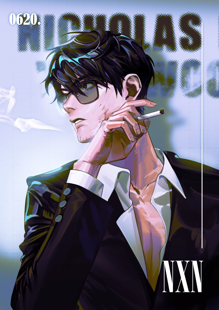1boy absurdres black_eyes black_hair black_jacket character_name cigarette collarbone collared_shirt dated facial_hair hand_up highres holding holding_cigarette jacket long_sleeves male_focus n2_nxn nicholas_d._wolfwood parted_lips partially_unbuttoned pectoral_cleavage pectorals shirt short_hair smoke smoking solo sunglasses trigun trigun_stampede upper_body white_background white_shirt