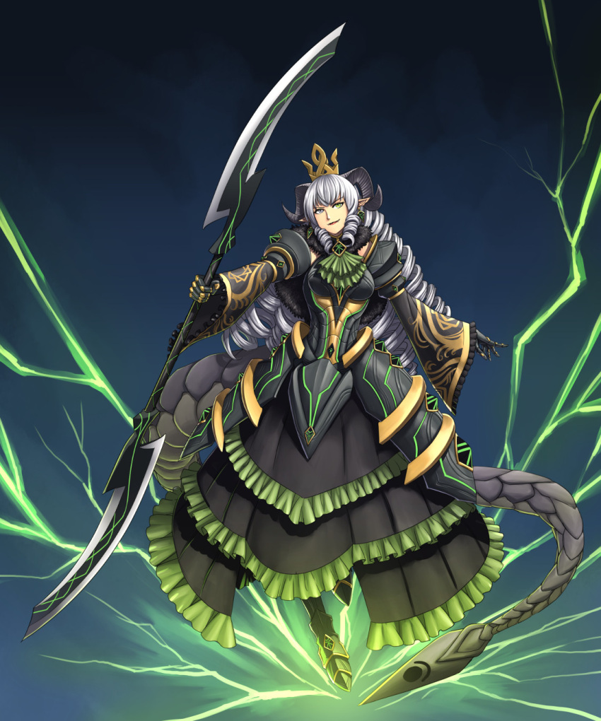 1girl armored_boots ascot black_dress boots crown double-blade dress drill_hair frilled_dress frills full_body glaive_(polearm) green_eyes grey_hair highres holding holding_polearm holding_weapon horns long_hair monster_girl original pointy_ears polearm solo substance20 tail weapon wide_sleeves