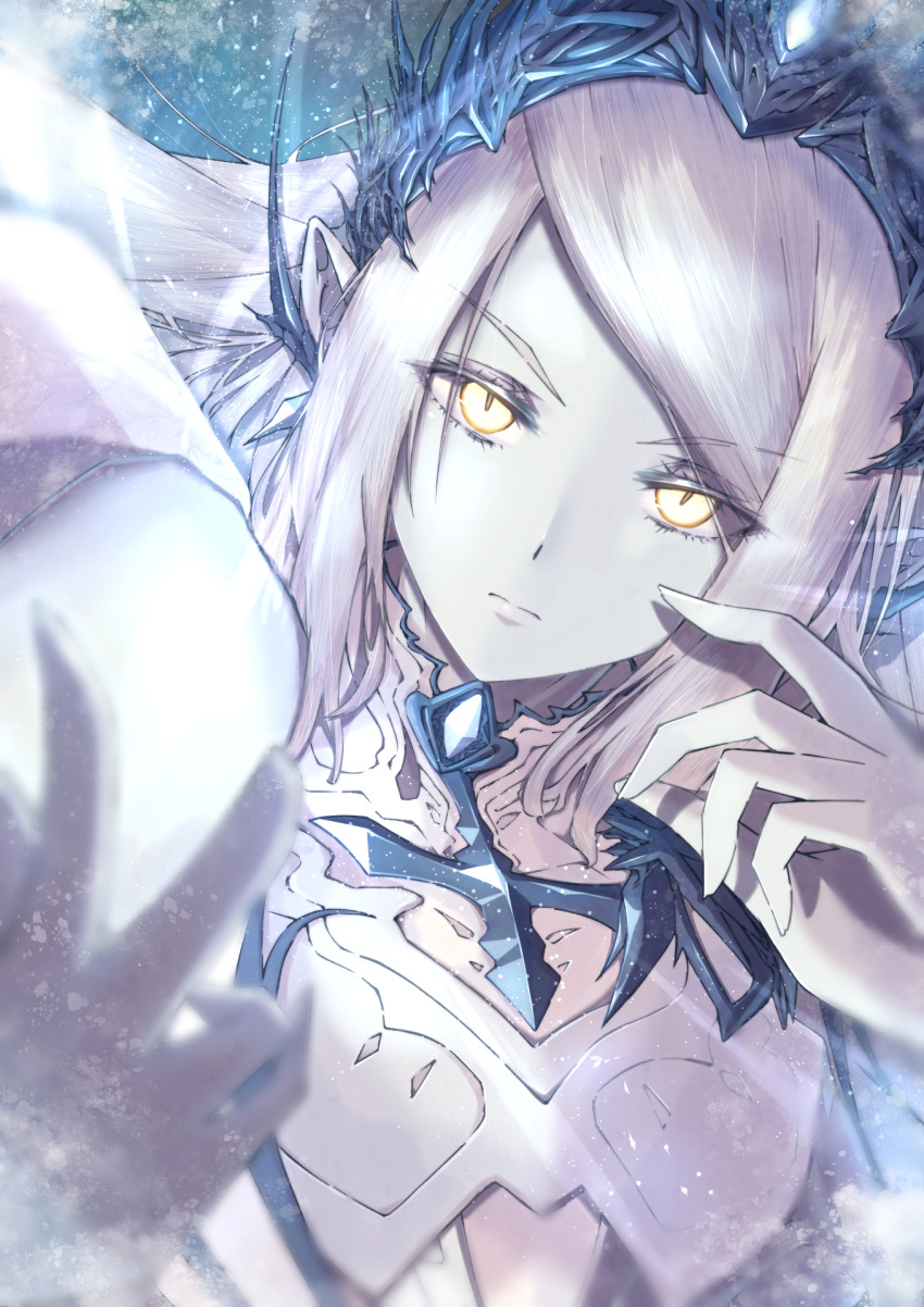 1girl armor crown eyebrows_hidden_by_hair final_fantasy final_fantasy_xvi glowing glowing_eyes hand_on_own_cheek hand_on_own_face highres ice jewelry long_hair looking_at_viewer pale_skin pointy_ears shiva_(final_fantasy) solo strail_cycleman swept_bangs upper_body white_hair yellow_eyes