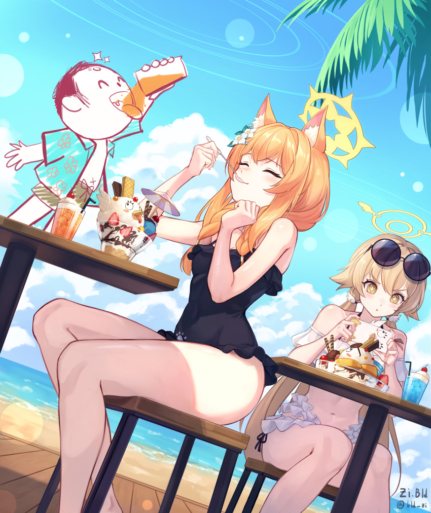 1boy 2girls absurdres alternate_costume animal_ear_fluff animal_ears arona's_sensei_doodle_(blue_archive) artist_name beach bikini black_one-piece_swimsuit bld_zi blonde_hair blue_archive blush cellphone chair closed_eyes closed_mouth clouds drinking eating eyewear_on_head flower food fox_ears frilled_bikini frilled_one-piece_swimsuit frills hair_flower hair_ornament hairpin halo hifumi_(blue_archive) hifumi_(swimsuit)_(blue_archive) highres holding holding_phone holding_spoon ice ice_cream juice light_blush long_hair mari_(blue_archive) mari_(swimsuit)_(blue_archive) multiple_girls ocean official_alternate_costume on_table one-piece_swimsuit open_mouth orange_hair orange_juice palm_tree parfait peroro_(blue_archive) phone sand sensei_(blue_archive) sitting smartphone smartphone_case spoon sunglasses sunlight swimsuit table taking_picture tongue tongue_out tree twintails very_long_hair white_bikini white_flower