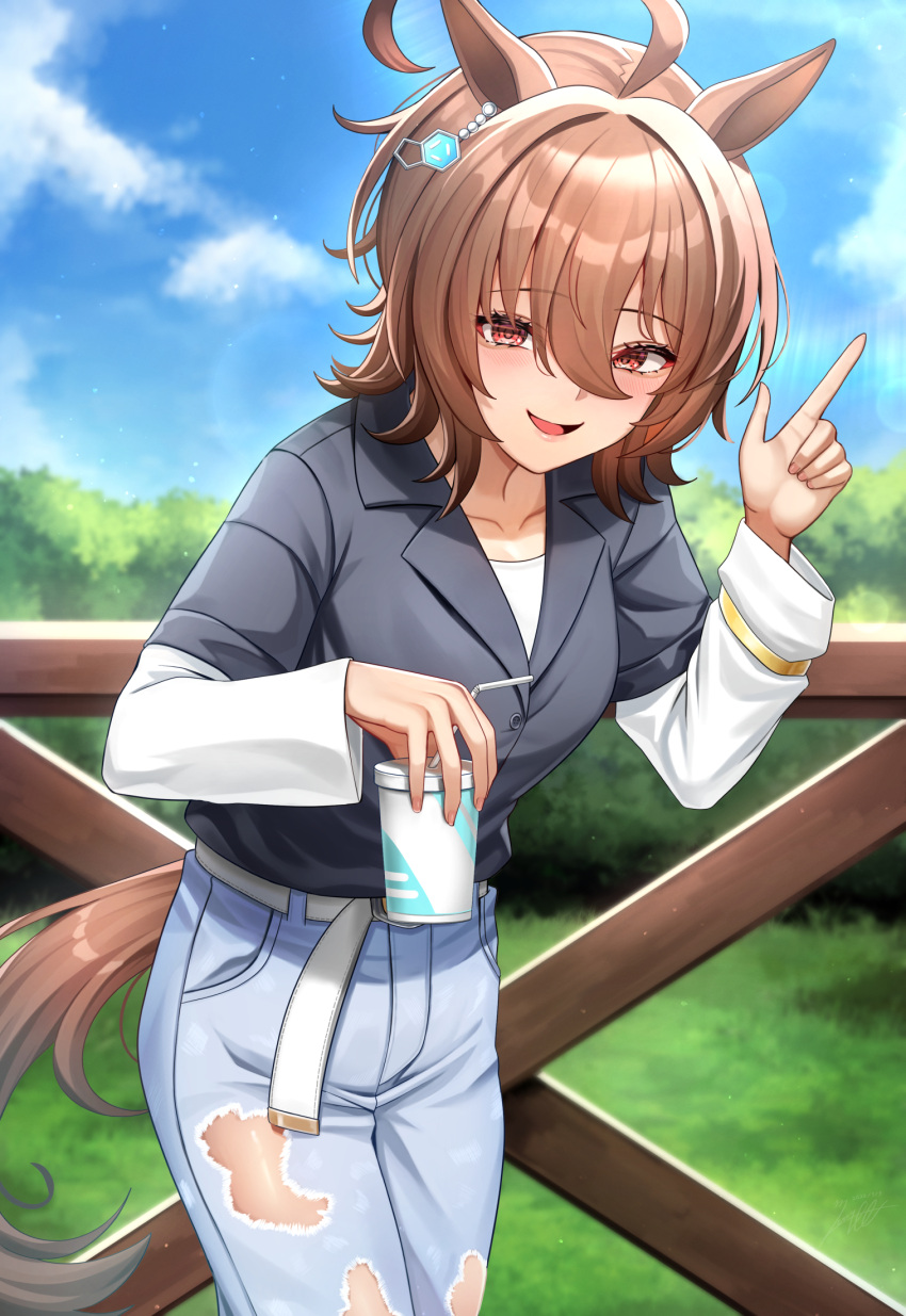 1girl agnes_tachyon_(umamusume) ahoge animal_ears black_shirt bracelet brown_hair chemical_structure collarbone collared_shirt commentary_request cowboy_shot cup denim disposable_cup drinking_straw earrings hair_between_eyes highres holding holding_cup horse_ears horse_girl horse_tail jeans jewelry long_sleeves looking_at_viewer mixed-language_commentary motsushi official_alternate_costume open_mouth pants pointing pointing_up red_eyes shirt short_hair single_earring smile solo tail torn_clothes torn_jeans torn_pants umamusume white_shirt