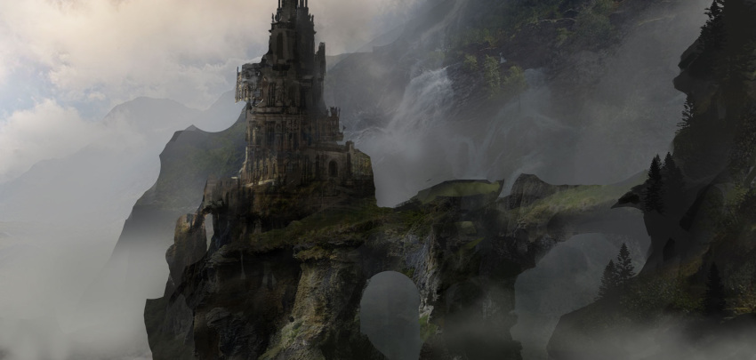 castle clouds cloudy_sky commentary_request fantasy fog forest haru_akira highres landscape mountain nature no_humans original outdoors scenery sky tree