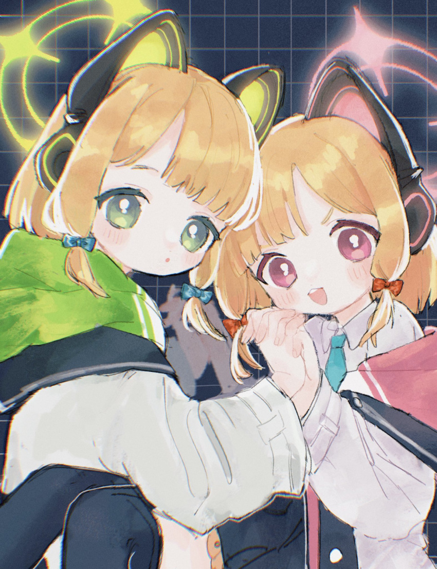 2girls :o animal_ear_headphones animal_ears black_skirt black_thighhighs blonde_hair blue_archive blue_bow blush bow cat_ear_headphones coat fake_animal_ears green_eyes guma_amam hair_bow halo headphones highres holding_hands hood hooded_coat long_sleeves looking_at_viewer midori_(blue_archive) momoi_(blue_archive) multiple_girls off_shoulder open_mouth parted_lips pink_eyes red_bow shirt short_hair siblings skirt teeth thigh-highs twins upper_teeth_only white_coat white_shirt