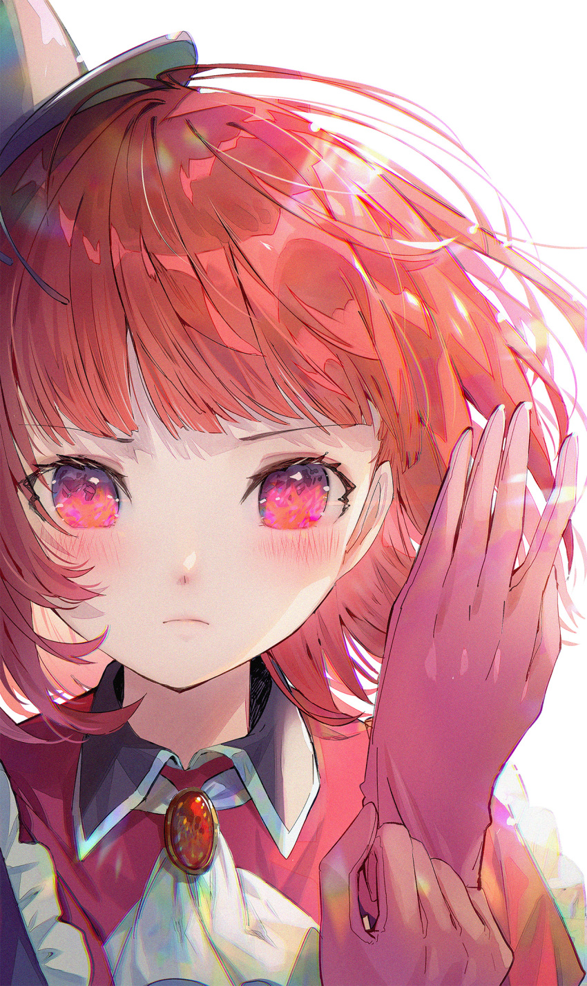 1girl arima_kana ascot blunt_bangs blush brooch chromatic_aberration closed_mouth collared_dress commentary_request dress floating_hair frills gloves hand_up hat highres idol idol_clothes jewelry lens_flare looking_at_viewer medium_hair mini_hat negimapurinn no_pupils oshi_no_ko pink_gloves putting_on_gloves red_eyes redhead shadow simple_background solo upper_body white_ascot white_background