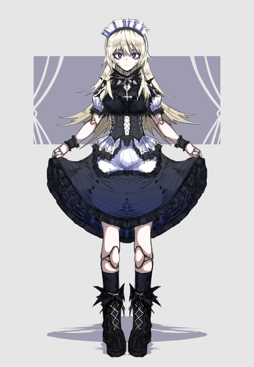 1girl absurdres alice_(black_souls) black_dress black_footwear black_socks black_souls blonde_hair blue_eyes boots bright_pupils closed_mouth corset cross curtsey doll_joints dress expressionless frilled_cuffs full_body highres inverted_cross joints kneehighs koshou_shou_mitsu latin_cross long_hair looking_at_viewer maid_headdress short_sleeves simple_background sketch skirt_hold socks solo standing two-tone_background white_pupils