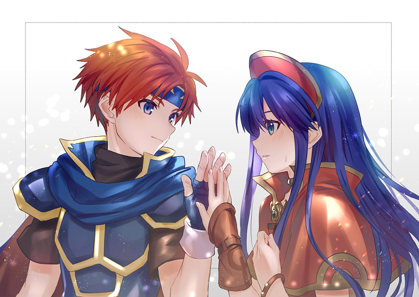 1boy 1girl armor bandana black_undershirt blue_bandana blue_eyes blue_gloves blue_hair bracelet brown_gloves cape closed_mouth couple fingerless_gloves fire_emblem fire_emblem:_the_binding_blade gloves hand_up jewelry light_blush light_particles lilina_(fire_emblem) long_hair looking_at_another neck_ring open_hand parted_lips popped_collar profile red_headwear redhead roy_(fire_emblem) short_hair short_sleeves shoulder_armor sidelocks single_glove sweatdrop turtleneck upper_body yuki_(yuki2061)