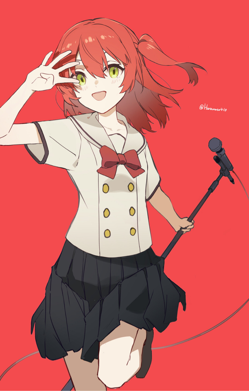 1girl black_footwear black_skirt blush bocchi_the_rock! commentary foot_out_of_frame green_eyes grey_sailor_collar hair_between_eyes highres holding holding_microphone_stand hua_ben_wuming kita_ikuyo long_hair microphone microphone_stand one_side_up open_mouth pleated_skirt red_background redhead sailor_collar school_uniform shoes short_sleeves shuka_high_school_uniform simple_background skirt smile solo twitter_username