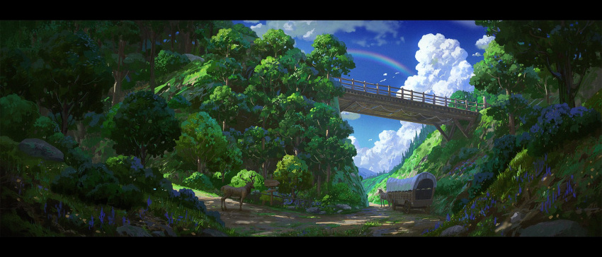 blue_flower blue_sky bridge bush carriage clouds commentary cyclecircle day deer english_commentary film_grain flower forest grass highres horse landscape letterboxed mountain nature no_humans original outdoors rainbow road road_sign scenery sign sky sunlight tree wide_shot