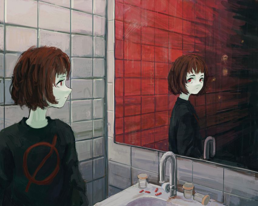 1girl absurdres bathroom black_sweater brown_hair closed_mouth commentary different_reflection elainma english_commentary expressionless highres indoors long_sleeves looking_at_mirror milk-chan_(milk_series) milk_inside_a_bag_of_milk_inside_a_bag_of_milk mirror no_symbol pale_skin pill pill_bottle red_eyes reflection short_hair solo sweater tile_wall tiles upper_body